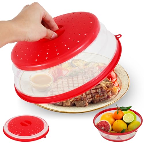 Jokapy Cubierta plegable para microondas, 26,5 cm, cesta de filtro de frutas, protección antisalpicaduras para microondas, con extractor de vapor para microondas, evita salpicaduras (1, rojo)