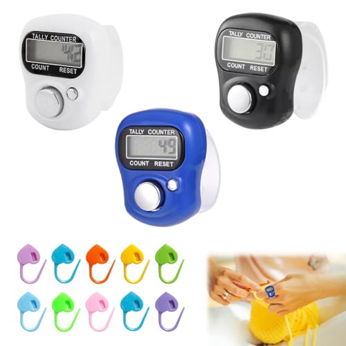 Elektronische Fingerzähler, 3 Stück Mini Handzählzähler,Reihenzähler mit LED Rücksetzbare Digitale Fingerzähler,Finger Rundenzähler mit Handring und 10 Maschenmarkierer für Golf Runde Zählen Stricken