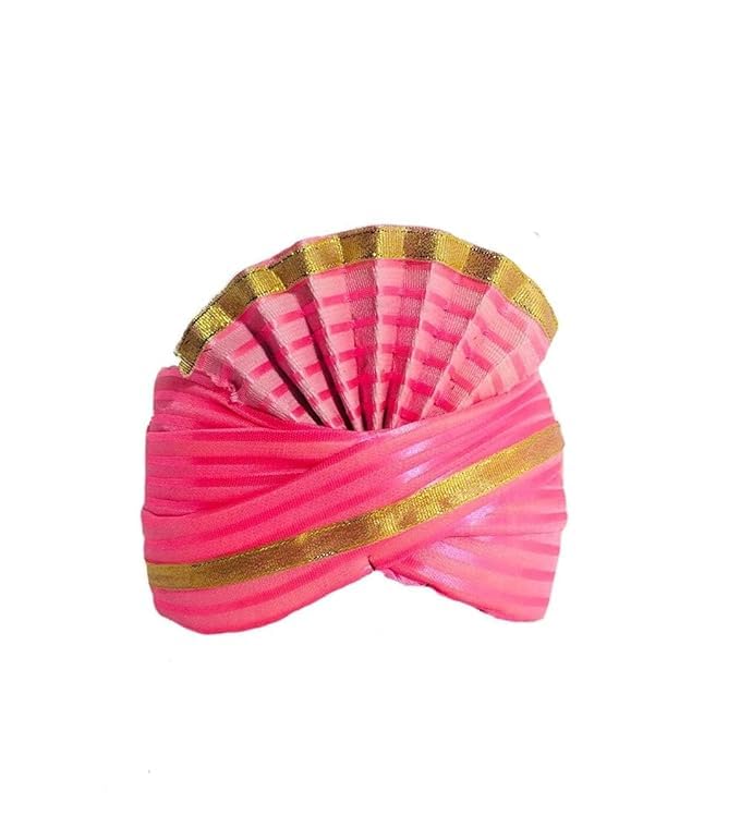 Traditional Cotton Silk Safa/Turban/Pagdi with Golden Lace | Color - Pink |