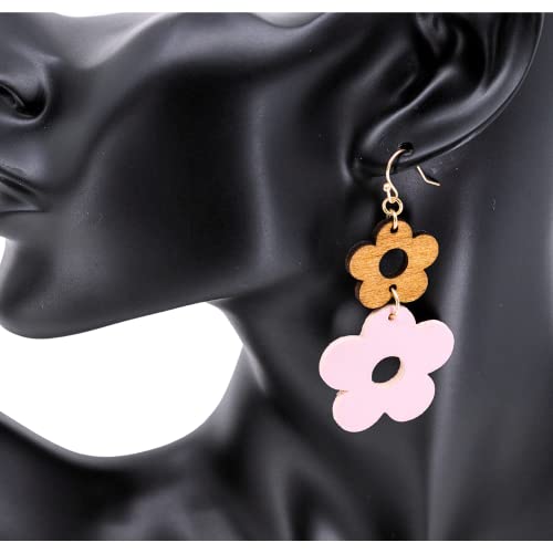 Wood Leather Daisy Dangle Earrings 2’’. Fashion Lightweight Earrings3