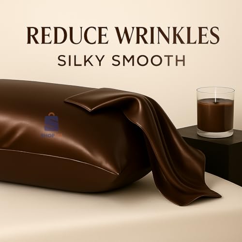 Image of Satin Pillow Covers for Hair and Skin Set of 2 with 5 Scrunchies I Satin Pillow case I Silk Pillow Cover I Silk Pillow case I Women Gift Items (Coffee)