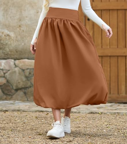 Women's Bubble Long Skirt Elastic Waist A-Line Pleated Ruffle Flowy Balloon Maxi Skirts with Pockets