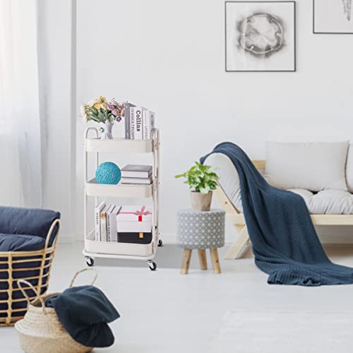 Yohkoh 3-Tier Metal Rolling Utility Cart, Storage Trolley Cart With Mesh Baskets And Lockable Wheels For Bathroom Kitchen Office(White) #TOP4