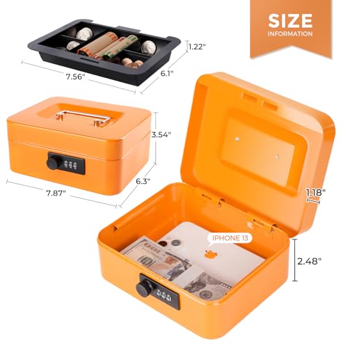 Cash Box with Combination Lock and Money Tray Metal Money Box for Cash Portable Lock Box for Money 7.87 x 6.3 x 3.54 Inches - Orange by Goehiaul - Image 5