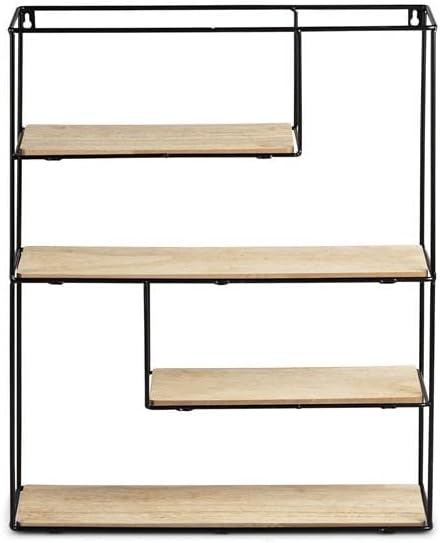 LIFA LIVING Rectangle Wall Shelf Unit, 4 Tier Floating Shelves for Kitchen Bedroom Living Room, Wooden & Black Metal Mounted Shelves, Pre-Assembled Shelves, 21.6 x 4.3 x 17.71 inches