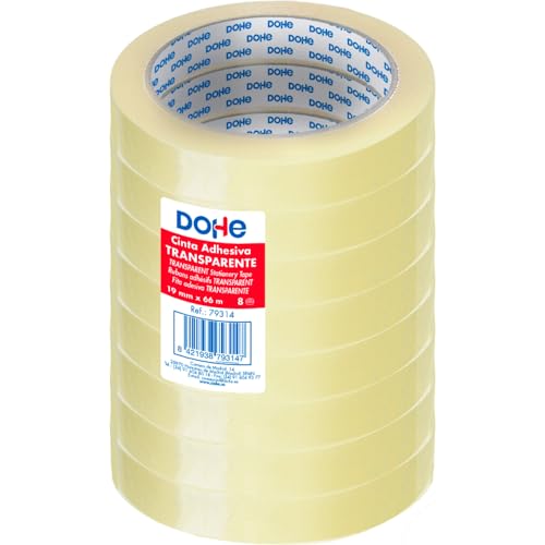 Dohe - Cinta Adhesiva Transparente (8 uds.) - 1,9 cm x 66 m, Precinto para Embalar Cajas, Envíos o Mudanzas, Potente Adhesivo de 45 micras - Material de oficina