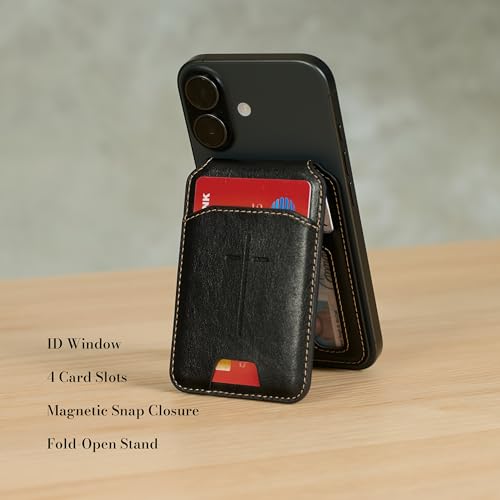 Image of Christian Art Gifts Magsafe Compatible Magnetic Faux Leather Phone Wallet Stand for Men /Women: Multiple Non-Slip Card Slots, Secure Button Closure, ID Window, Debossed Cross Design, Black, 3.9 inch x 2.5 inch