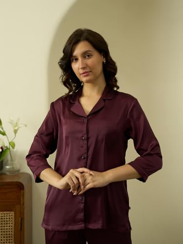 Image of STORIES OF BANNO'S SWAGGER Women Satin Solid Night Suit Set | Premium Soft Satin Nightwear Pajama Set | Stylish Comfortable Sleepwear for Ladies | Elegant Lounge Wear Night Dress