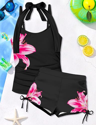 Image of Girls Swimsuit 2 Piece Halterneck Girls Tankini Swimsuit Drawstring Printed Swim Shorts Girl Bathing Suit for 7-18T