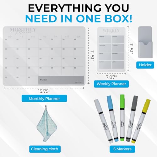 Magnetic Dry Erase Acrylic Calendar for Fridge - Monthly & Weekly Planner with 5 Markers, Holder & Cleaning Cloth. 2-Pack Set for 2025 Refrigerator Calendar. - Thumbnail 2
