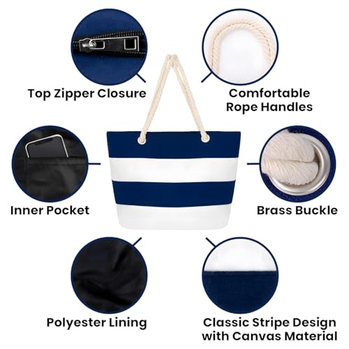 Bolso Tote de lona a rayas con bolsillo interior y asas de cuerda miniatura 5