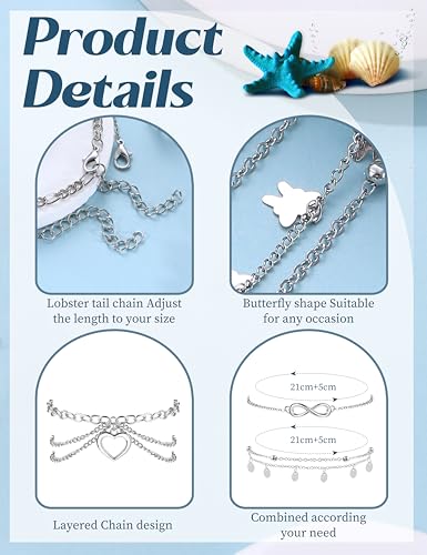 ORAZIO Toe Rings and Ankle Bracelets for Women Silver Rose Gold Plated Anklet Toe Rings Cute Layered Anklets Open Tail Rings Adjustable Beach Foot Jewelry for Summer2