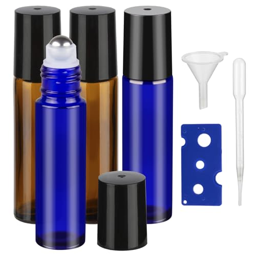 GIVITASOT 10ML Essential Oil Roller Bottles, 4 Pack Brown and Blue Oil Roller Bottles for Essential Oils, Roll on Bottle with Stainless Steel Balls(4 Labels, Opener, Funnel, Dropper Included)