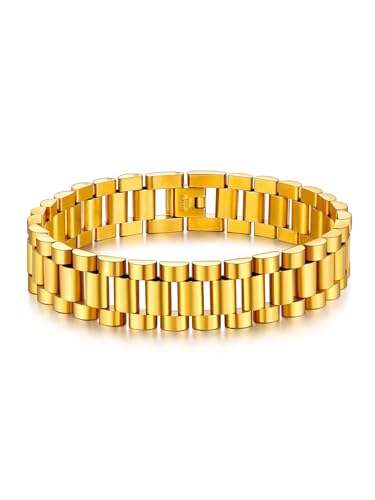 U7 Men Wrist Bracelet with Chain Detaching Device, 18K Gold Plated 15MM Wide Cool Watchband Link Masculine Bracelets Adjustable Length 20-22CM