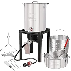 Propane Outdoor Turkey Fryer Set Seafood Boiler Kit Fish Fryer with Crawfish Cooker Pot Basket 55000 BTU Gas Burner Heavy Duty Steel Frame 30 & 10 Quart Aluminum Stock Pot & Basket Lid