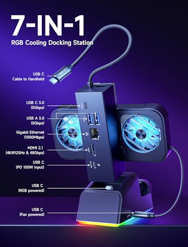 Base JSAUX 7 en 1 para ROG Ally X y Steam Deck con ventilador RGB 3