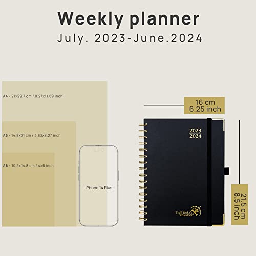 Poprun Planner 2023-2024 (8.5'' X 6.25'') Academic Planner Weekly And Monthly (July 23-June 24) Spiral Planner With Hourly Time Slots, Hard Cover, Wirebound, Tabs, 100 Gsm - Haze Blue #TOP4