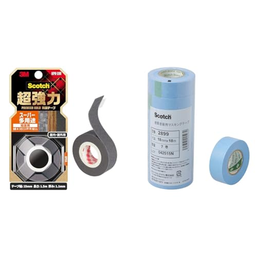 【セット買い】スリーエム(3M) スコッチ 超強力両面テープ プレミアゴールド スーパー多用途 粗面用 幅19mm長さ1.5m KPR-19R + スコッチ 塗装 マスキングテープ 2899 7巻 2899 18X18 水色 18mm×18m