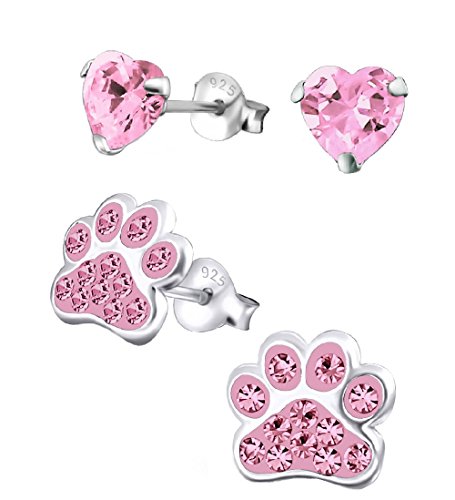 925 Sterling Silver Set of 2 Pairs Pink Paw Print & Pink CZ Heart Stud Earrings (Nickel Free)