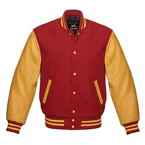 Baseball Jacket Varsity Letterman Jackets Genuine Leather Sleeves and Original Wool (Red Gold, 3XL)