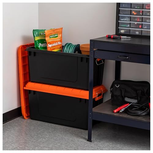 Image of IRIS USA 21 Gallon Heavy-Duty Plastic Storage Bins, Store-It-All Container Totes with Durable Lid and Secure Latching Buckles, Garage and Metal Rack Organizing, Black /Orange, 3 Pack