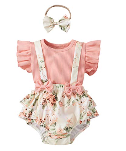 Baby Girl Summer Clothes Set Ruffle Flying Sleeve Rib Knitted Romper Floral Suspender Shorts Headband 3PCS Set Pink Baby Girl Summer Clothes Set Ruffle Flying Sleeve Rib Knitted Romper Floral Suspender Shorts Headband 3PCS Set Pink