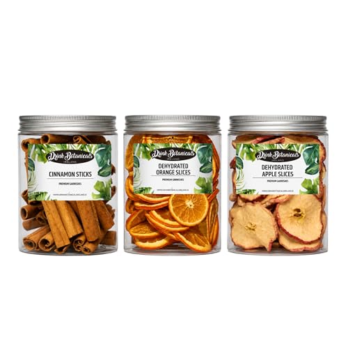 Cinnamon Sticks, Dried Orange & Apple Slices Bundle, 100% Natural Ingredients for Mulled Wine, Baking, Tea & Decoration, PET Jars, 455g Total