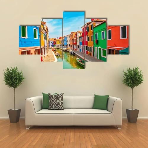 Tableau decoration murale salon Venise Burano 5 pièces entoilées