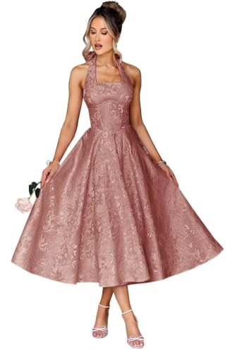 Floral Jacquard Satin Prom Dresses for Wedding Halter Tea Length Bridesmaid Dress Long Flowy Sleeveless Aline Empire Waist Evening Party Gown Size 26 Dusty Rose