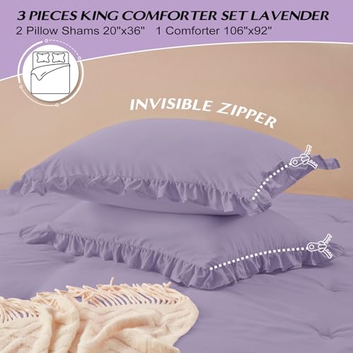 Image of HARBOREST King Comforter Set Lavender - Ruffle Comforter for King Size Bed, Fluffy King Size Comforter Set for All Seasons, 3 Pieces Shabby Chic Bedding Comforter Set(1 Comforter & 2 Pillow Shams)