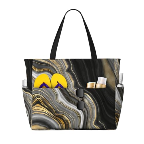 Sac à bandoulière pour femme au motif agate noire et dorée, grand sac fourre-tout de plage