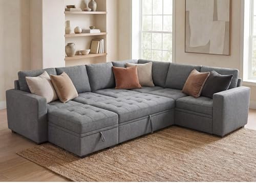 Image of HONBAY Modular Sectional Couch with Pull Out Bed Sleeper Sofa with Storage U Shaped Modular Sectional Couches for Living Room,Mid Grey