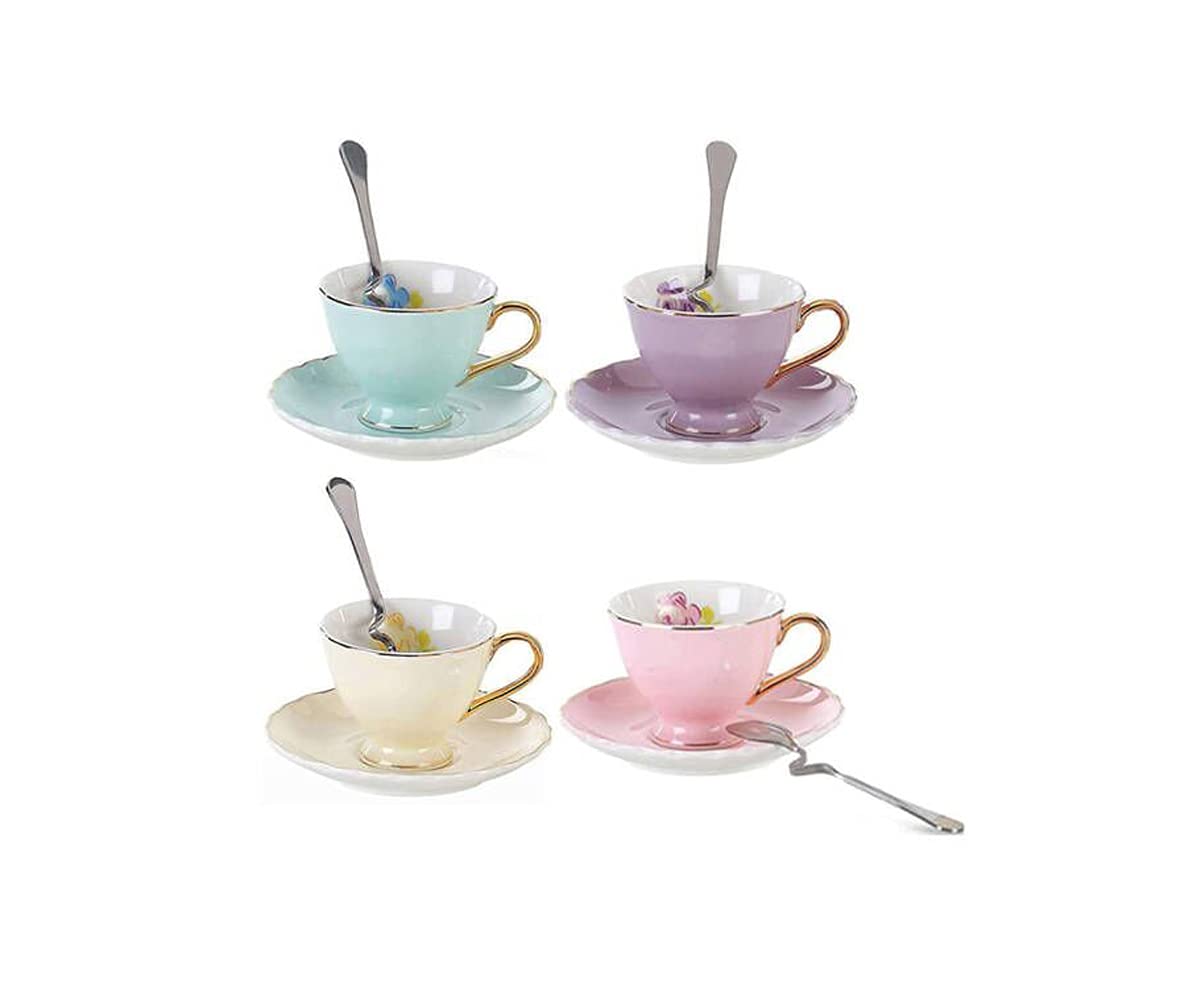 Latte mok Drinkglazen glazen kopjes, Euro Style Coffee Bar Espresso kop en schotel Set van 4 Bone China Porseleinen Thee Koffiekopje for Thuis Keuken Theekransje (4 geassorteerde kleuren/set) (90 ml