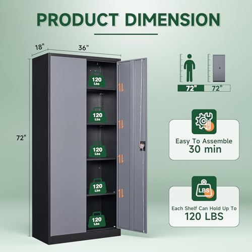 Letaya Metal Garage Storage Cabinets with Lock Door and Adjustable Shelves, Steel Tool Cabinets for Home,Office,Warehouse Organisieren (Black Grey, 72" H) - Image 4