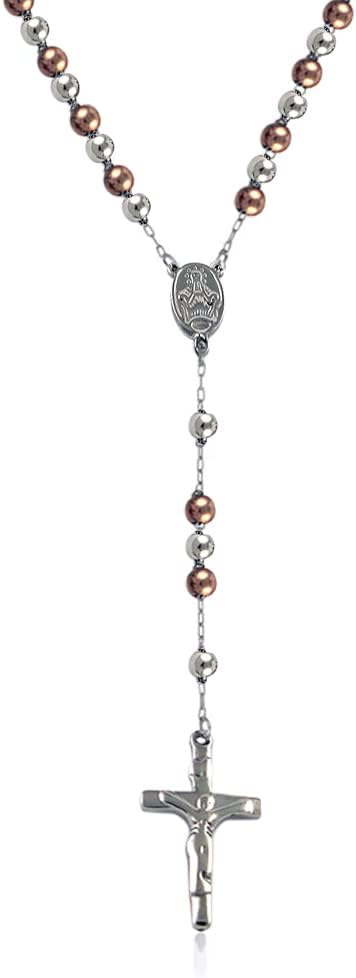 Savlano Stainless Steel Beaded Rosary Cross Necklace –6MM Crucifix Cross Medallion Rosary Chain Y-Necklace for Women & Men Religious Jewelry Comes in Silver, Gold, Rose, Black Color with a Gift Box