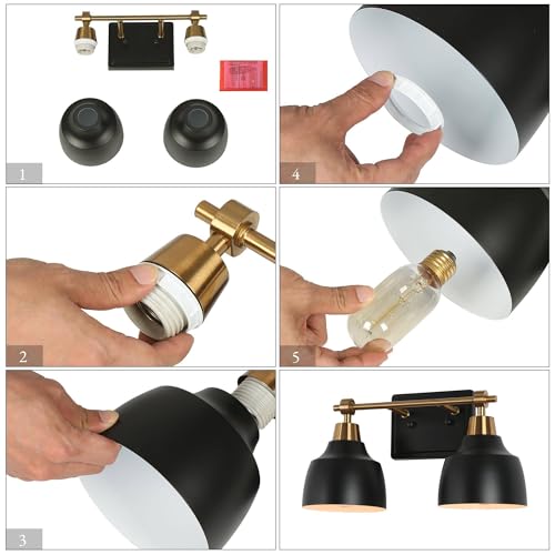 Image of KSANA Bathroom Light Fixtures, 2-Light Black Bathroom Vanity Lights with Gold Socket, 14.5'' Modern Farmhouse Bathroom Lighting Lights Over Mirror with Black Metal Shade