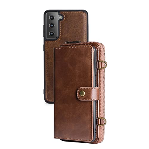 Coque pour Samsung Galaxy S23/s23 Plus/s23 Ultra, étui à Fermeture éclair avec Fentes pour Porte-Cartes Bloquantes RFID, Housse Magnétique Amovible en Cuir avec Dragonne,Marron,S23 Ultra 6.8''