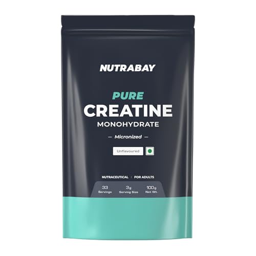 Nutrabay Pure Micronised Creatine Monohydrate Powder 3000 mg/Serving – Pre/Post Workout Supplement for Muscle Gain & Recovery |33 Servings – 100g, Unflavoured | Trustified Certified | 100% Authentic