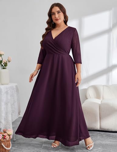 Image of ZOMVA Plus Size Maxi Formal Dress Lace Chiffon Floral V-Neck Wrap Wedding Guest Evening Gown Cocktail Prom 3 /4 Sleeves