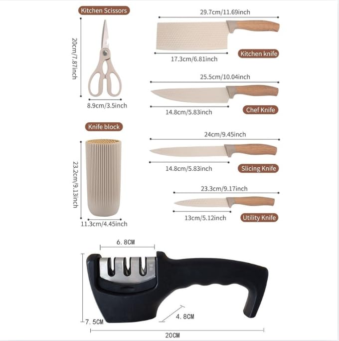 Image of Kitchen Knife Set with Stand 6 Pcs Chef Knife,Cleaver,Paring Knife & Manual 3 Stage Knives Sharpner Tool Scissors Stainless Steel Sharp Blades Wooden Finish Handle Knife Block for Home & Cooking