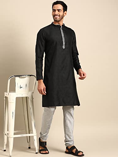 Image of Men's Black Art Silk Regular Fit Ethnic Motifs Kurta | Indian Kurta | Festive Ethnic Kurta with Embroidered Packet