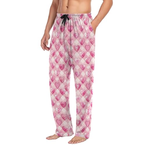 Mens Pajama Pants Hearts Pink Checked Soft Lounge Sleep Pj Bottoms with Drawstring Pockets4