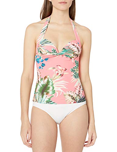 La Blanca Women's V-Neck Halter Tankini Swimsuit Top, Coral//Tropical rain, 16