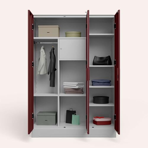 Image of Interio by Godrej Almirah Slimline 3-Door Steel Almirah, Cupboard for Clothes (Russet), 1-Year Warranty, 7 Shelves, 1 Locker, Star Design Mirror