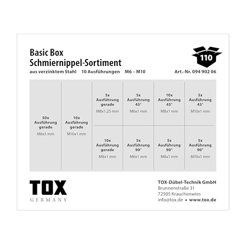 TOX Set mit Schmiernippel-Sortiment (110-tlg.) + Cuttermesser mit 2 Ersatzklingen, Schmiernippel in Transportbox und 10 gängigen Größen M6, M8 und M10, als A-, B- und C-Ausführung, 094909158