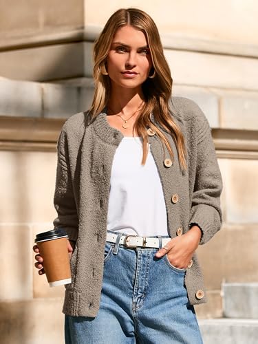Women's Lightweight Long Sleeve Cardigan Sweater - Loose Knit Button-Down (Khaki, XL)