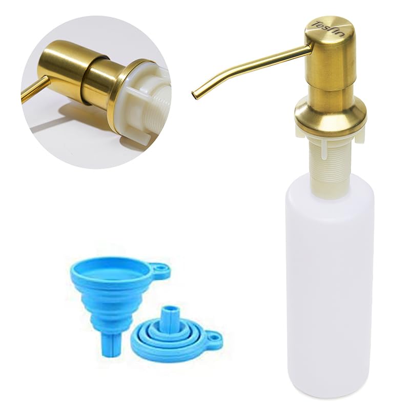 Soap Dispenser for Kitchen Sink (Gold) Built in Design Sink Soap Dispenser Refill from The Top Stainless Steel Kitchen Soap Pump with 10 fl.oz Bottle (300ml)