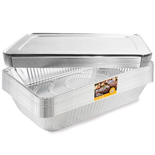 EHOMEA2Z Large Aluminum Pans With Lids Disposable Full Heavy Duty Roasting, Broiling, Baking, Catering Pans 21x13x3 (10, Full-Size w/Lids)