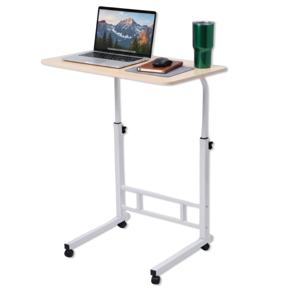 Japard Small Desk on Wheels, Mobile TV Tray Table Rolling Desk for Bed Sofa, Adjustable Height 23.6" Wide C-Shape Loadable 66lbs (Natural, 66 lbs