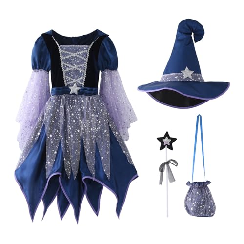 Genérico 2027-Conjunto infantil cuatro piezas disfraz escenario actuación sombrero bolso palo niñas vestido elegante (Blue, 14-15 Years)